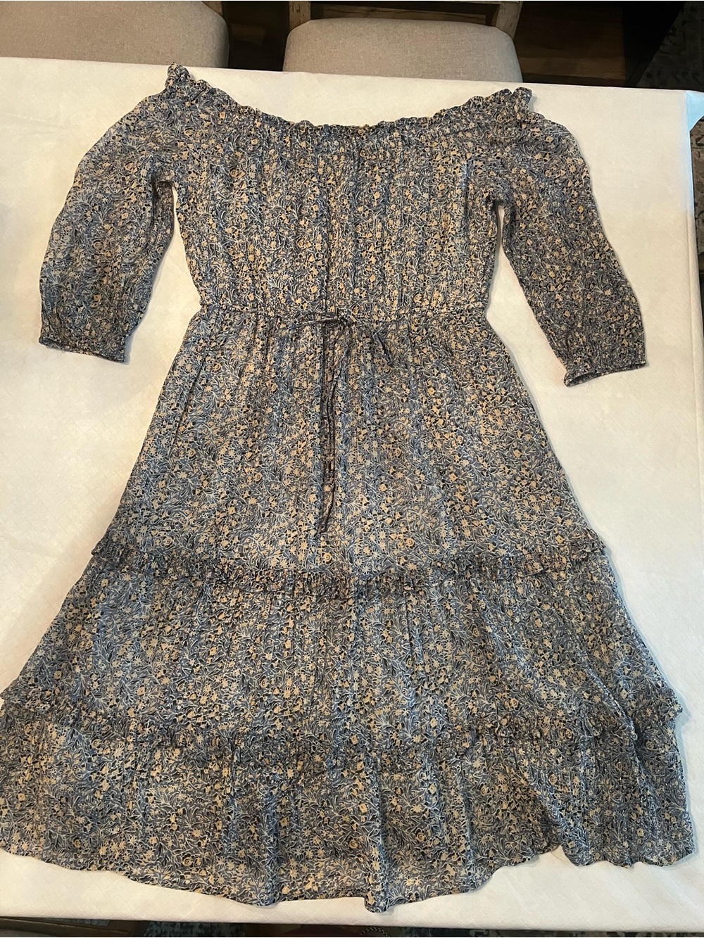 Anthropologie Blue and Cream Floral Off-Shoulder Midi Dress